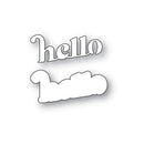 White die-cut sticker or decal with the word 'hello' in a stylized cursive font above a matching cloud-shaped outline, shown on a plain white background.