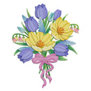 A colorful embroidered floral bouquet design featuring yellow crocuses, purple tulips, blue hyacinths, and a pink ribbon bow on a white background.