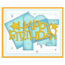 A square handmade-style birthday card featuring layered light blue textured paper shapes, two yellow star cutouts, and raised yellow lettering that reads “HAPPY BIRTHDAY.” The card has a white center, a light blue stitched border, a yellow-orange outer border, and small rhinestone embellishments.