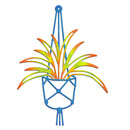A stylized metal wall art piece depicting a hanging planter with a blue macrame-style holder and a plant with a yellow-to-orange gradient, isolated on a white background.