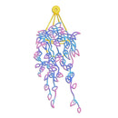 A decorative hanging mobile or chandelier made of many thin, looped strands in a yellow, blue, purple, and pink gradient, suspended from a yellow circular top against a plain white background.