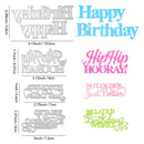Four die-cut metal cutting templates with 'Happy Birthday' themed phrases, shown in silver outline with color-coded digital preview renders in blue, pink, and green on a white background with dimensions.