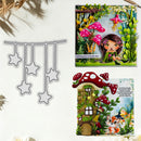 A craft die set shown alongside two example stamped cards featuring a whimsical forest scene with pink mushrooms, a fairy, a mushroom house, and a small fox. The left side shows the metal die cutout shapes, and the right side shows the colorful stamped artwork results on cardstock.