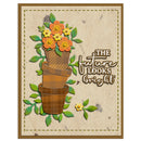 A square decorative card or art print with a rustic beige background, featuring a stacked arrangement of brown flower pots with orange and yellow flowers and green leaves. The right side includes the phrase “THE future LOOKS bright” in stylized brown lettering, and the design is framed by a brown border.