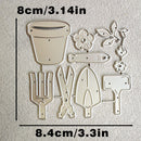 A set of metal gardening tools and pots shown on a textured light background with dimension labels reading 8cm/3.14in and 8.