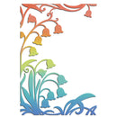 A decorative floral border design featuring铃铛-shaped flowers and leaves in a rainbow gradient of orange, yellow, green, teal, and blue on a white background.