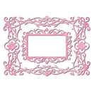 A decorative pink ornate frame with intricate scrollwork and floral motifs surrounding a blank white center, shown on a plain white background.