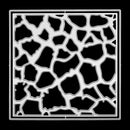 A square black-and-white patterned tile or tile sample with irregular organic shapes and a white border on a black background.