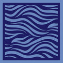 A square laser-cut wooden panel featuring an intricate wavy pattern in dark navy blue and light blue, set against a solid light blue background.