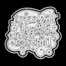 A white metal die-cut stamp or stencil with retro-style Cyrillic lettering and decorative floral and swirl motifs, shown on a solid black background.