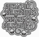 A decorative sticker or decal with the phrase 'Cupcakes, Drinks & Happy Wrinkles' in stylized outlined lettering, decorated with small cupcake illustrations and stars, shown on a plain white background.