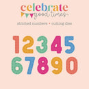 A set of colorful stitched-look numbers 0 through 9 displayed on a pale pink background, with the text 'celebrate good times' and 'stitched numbers • cutting dies' above them.