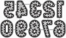 A set of decorative numbers and letters styled like stitched leather patches, featuring gray fill with black dashed stitching and white highlights, arranged on a white background.