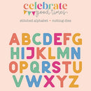 A pastel-colored alphabet lettering design with the words 'celebrate good times' at the top and 'stitched alphabet • cutting dies' below, showing the letters A through Z in multiple bright colors on a pale peach background.