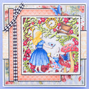A square layered scrapbook card featuring a whimsical Alice in Wonderland scene with Alice in a blue dress, the White Rabbit, red flowers, green vines, mushrooms, and a blue butterfly, surrounded by patterned borders and a black-and-white check ribbon.