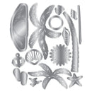 A set of silver metal craft dies shaped like tropical beach motifs, including palm trees, a seashell, an anchor, a starfish, a sunburst, and a crescent moon, arranged on a plain white background.
