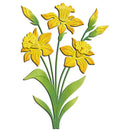 A digital embroidery design of yellow iris flowers with green stems and leaves on a plain white background.