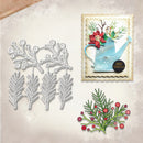 A flat-lay product presentation showing a silver metal die-cutting or crafting template set on the left, alongside a decorated Christmas greeting card on the upper right and a green pine branch with red berries on the lower right, all on a textured beige background.