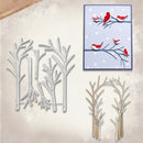 A set of metal die-cut craft cutters shaped like bare winter trees with red birds, shown alongside a sample card design made from the same shapes on a textured beige background.