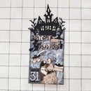 A Halloween-themed decorative advent calendar plaque featuring a black haunted house silhouette, spooky text reading 'DON'T OPEN DEAD INSIDE,' vintage-style illustrations, and a large '31' at the bottom, displayed against a white grid background.