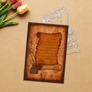 A vintage-style parchment scroll craft card with cursive writing, a feather quill, and wax seal design, displayed on a beige background with tulips and metal die-cutting templates.