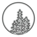 A circular graphic featuring three stylized gray evergreen trees with white highlights and black outlines, set against a white background.