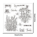 A clear stamp sheet with black floral and quote designs, shown on a white background with dimension markers reading 14cm/5.51in on both width and height.