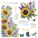 A floral and inspirational graphic design featuring multiple watercolor-style sunflowers, purple wildflowers, butterflies, a dragonfly, and decorative text phrases such as 'Brighter DAYS AHEAD,' 'Golden Flowers,' 'Celebrating THE AMAZING PLACE you've reached,' 'Especially FOR YOU,' 'Bloom & Grow,' and 'Heartful.' The design is arranged on a plain white background.