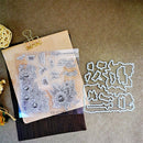 A clear acrylic stamp sheet with floral and butterfly designs and matching metal die-cut templates placed on a tan carpet, with a kraft paper bag and gold binder clip holding the stamp sheet.