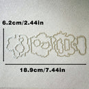 Four metal die-cut shapes arranged horizontally on a light textured background, with black measurement lines and text showing 6.2cm/2.