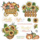 A set of autumn-themed watercolor illustrations on a white background, including pumpkins, sunflowers, a wagon, fence, leaves, and decorative text such as 'Hello Pumpkin,' 'Fall is in the air,' 'Autumn Blessings,' 'Thankful & Blessed,' and 'Blooming Into Fall.'.