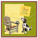 A square illustrated greeting card or art print with the phrase 'Glad we're friends' on a yellow note. The design shows a wooden Adirondack chair, a small mug, and a black-and-white dog on an olive green background with a striped yellow panel.