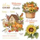 A collection of autumn-themed illustrations and decorative phrases on a white background, including pumpkins, sunflowers, birds, leaves, acorns, berries, a small house, and text such as 'Oh my GOURD', 'Welcome TO OUR PATCH thanks', 'home TWEET home', 'Welcome FALL', 'FIELDS OF SUNSHINE', and 'AUTUMN SONG'.