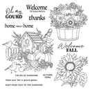 Black and white line art collection of autumn-themed stamps and decals, featuring pumpkins, sunflowers, birds, a birdhouse, and phrases like 'Welcome to our patch', 'Oh my gourd', and 'Welcome fall'.