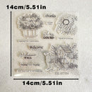 Clear acrylic stamp sheet with autumn-themed designs including pumpkins, sunflowers, a small house, and seasonal phrases, shown on a light textured background with dimension labels of 14cm/5.51in.