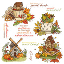 A set of four autumn-themed digital illustrations featuring cozy cottagecore motifs like a house in a teacup, a watering can with autumn leaves, a windmill with pumpkins, and a house on books surrounded by leaves, with decorative fall quotes on a white background.