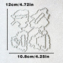 Four metal die-cut shapes arranged on a white textured background, with black measurement lines and text showing dimensions 12cm/4.72in vertically and 10.
