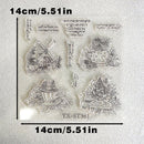 Clear acrylic stamp sheet featuring autumn-themed illustrations including a windmill, flowers, a birdhouse, and decorative text phrases, shown on a white background with black dimension lines and text indicating 14cm/5.51in.