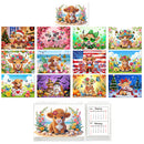 A set of cartoon bull calendar prints and a spiral-bound desk calendar featuring a cute illustrated bull surrounded by flowers, shown with a sample January and February page. The designs include multiple holiday and seasonal scenes such as Christmas, beach, American flag, Halloween, and winter.