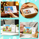 A collage showing a spring-themed spiral-bound desk calendar in four lifestyle settings: held by hands, displayed in a gift box, on a desk, and styled on a sofa with a blanket and dried flowers. The calendar features a cartoon deer wearing a floral hat against colorful spring backgrounds.
