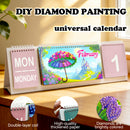 DIY diamond painting universal calendar with colorful design and text on a wooden surface.