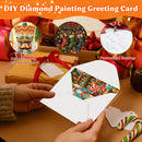 DIY diamond painting greeting card shown in a festive holiday setting, with hands holding an open white envelope that reveals a colorful printed card insert. The top of the image has an orange banner reading 'DIY Diamond Painting Greeting Card' with three circular feature callouts: 'Shiny Diamonds With Bright Colors,' 'HD Printing,' and 'Personalized Blessings.