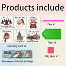 Christmas diamond painting kit contents on a light beige background with a pink header. The set includes six greeting card designs with festive illustrations, a pink pen, a green tray, pink clay glue, and a rhinestone material package.