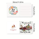 A set of two Christmas-themed greeting cards shown with dimension labels. The top card is white with a colorful floral wreath and the words 'Best Wishes,' and the bottom card is white with a Santa face, the words 'Colorful World,' and a red truck carrying a Christmas tree with the text 'the most wonderful time of the YEAR.