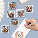 A hand writes in a lined journal with a floral 'Best Wishes' cover, surrounded by six watercolor illustrations of Santa Claus in sleeks with deer. A white device is partially visible at the top, and the scene is set against a light blue background.