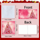 A product size diagram showing a pink Christmas tree gift tag set with front and back views, alongside an envelope. The front features a pink bokeh background with a decorated Christmas tree, and the back is white.