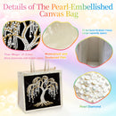 Pearl-embellished canvas bag with close-up details on a colorful background