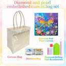 Diamond and pearl embellished canvas bag set featuring a clear, semi-transparent canvas tote bag with beige handles, a colorful butterfly diamond painting canvas, diamond bag embellishments, and diamond drilling tool accessories on a pastel gradient background.