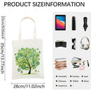 Product size information graphic showing a white canvas tote bag with a green and blue tree design, labeled with dimensions 28cm by 35cm, alongside a list of included accessories such as an umbrella, iPad, pen key, glasses, wallet, headphones, books, and other small items.