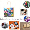 A canvas tote bag with a colorful butterfly and flower print is shown in a collage layout, with text reading 'Suitable for carrying various items' and several small circular inset photos showing different items it can hold, including fruit, cosmetics, clothing, a tablet, and stationery.
